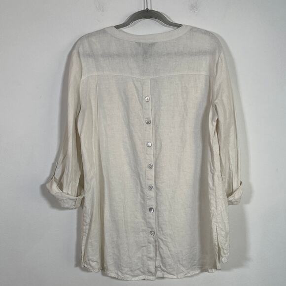 Ali Miles Linen Embroidered Button Back Roll Tab Sleeve Tunic Top Size Medium - Picture 2 of 7